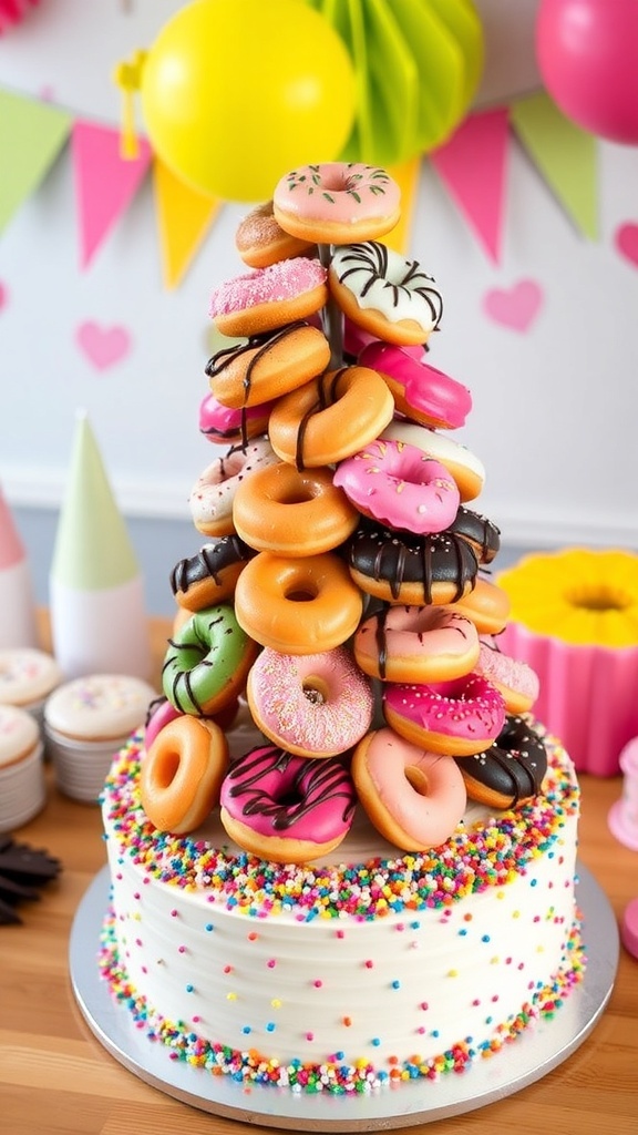 A creative donut tree cake made of assorted donuts stacked on a cone, decorated with sprinkles and chocolate.